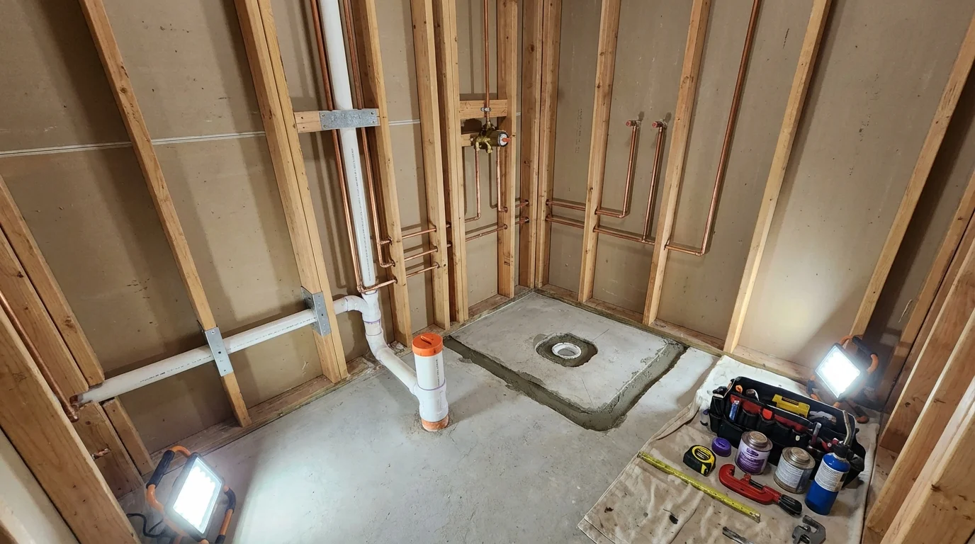 Bathroom rough-in plumbing during remodel by Johns Plumbing LLC in Castroville