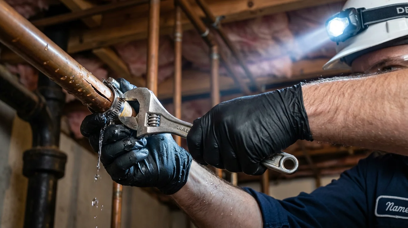 Emergency pipe clamp repair being performed by a Johns Plumbing LLC plumber in Castroville