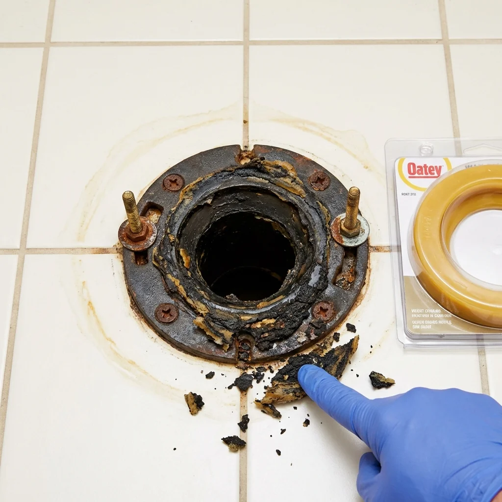 Failed wax ring showing water seepage at the base of a toilet in a Castroville, TX home